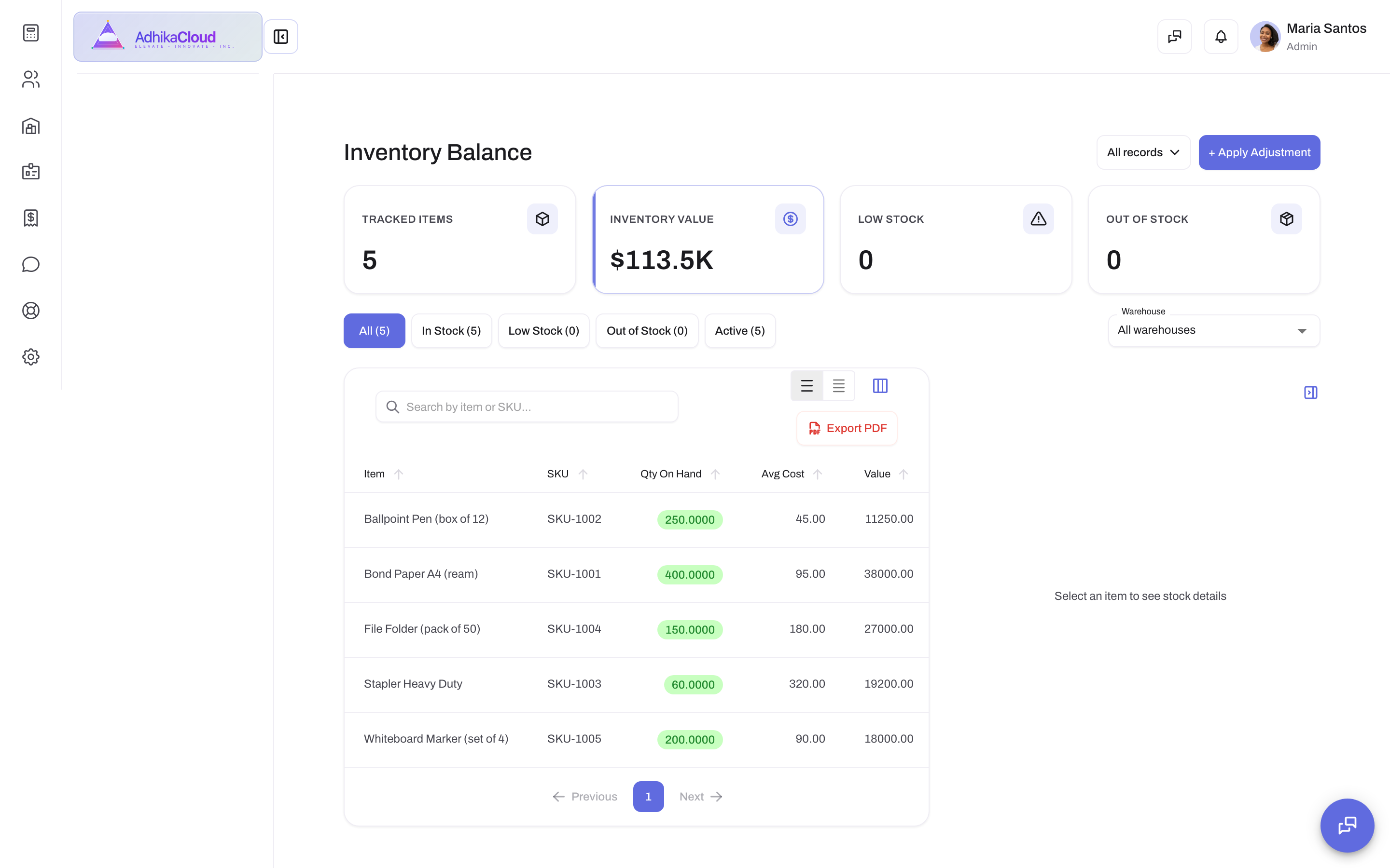 Inventory Balance Inquiry AdhikaCloud — ERP for Philippine SMBs